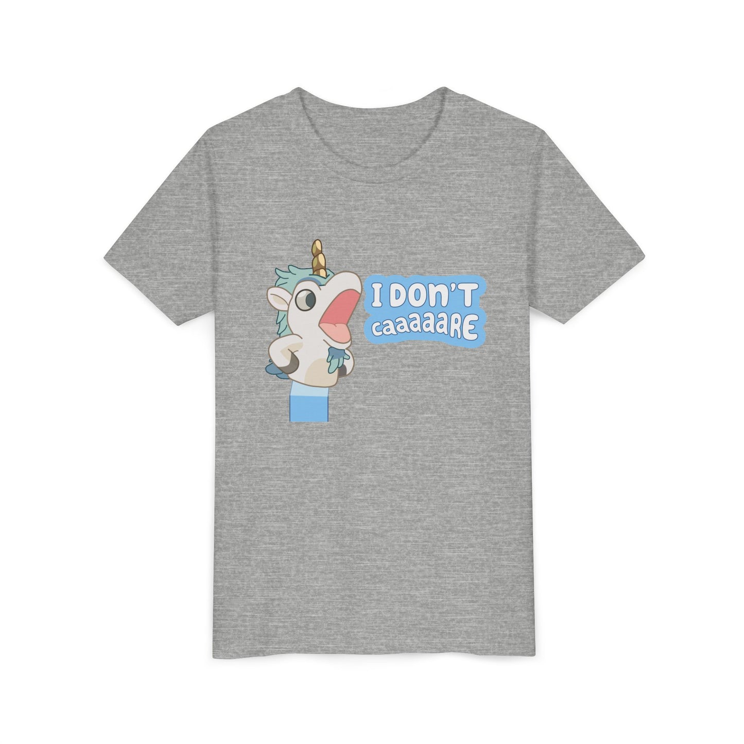 Bluey Unicorse Youth Tee – “I Don't Caaaare?” Funny Graphic
