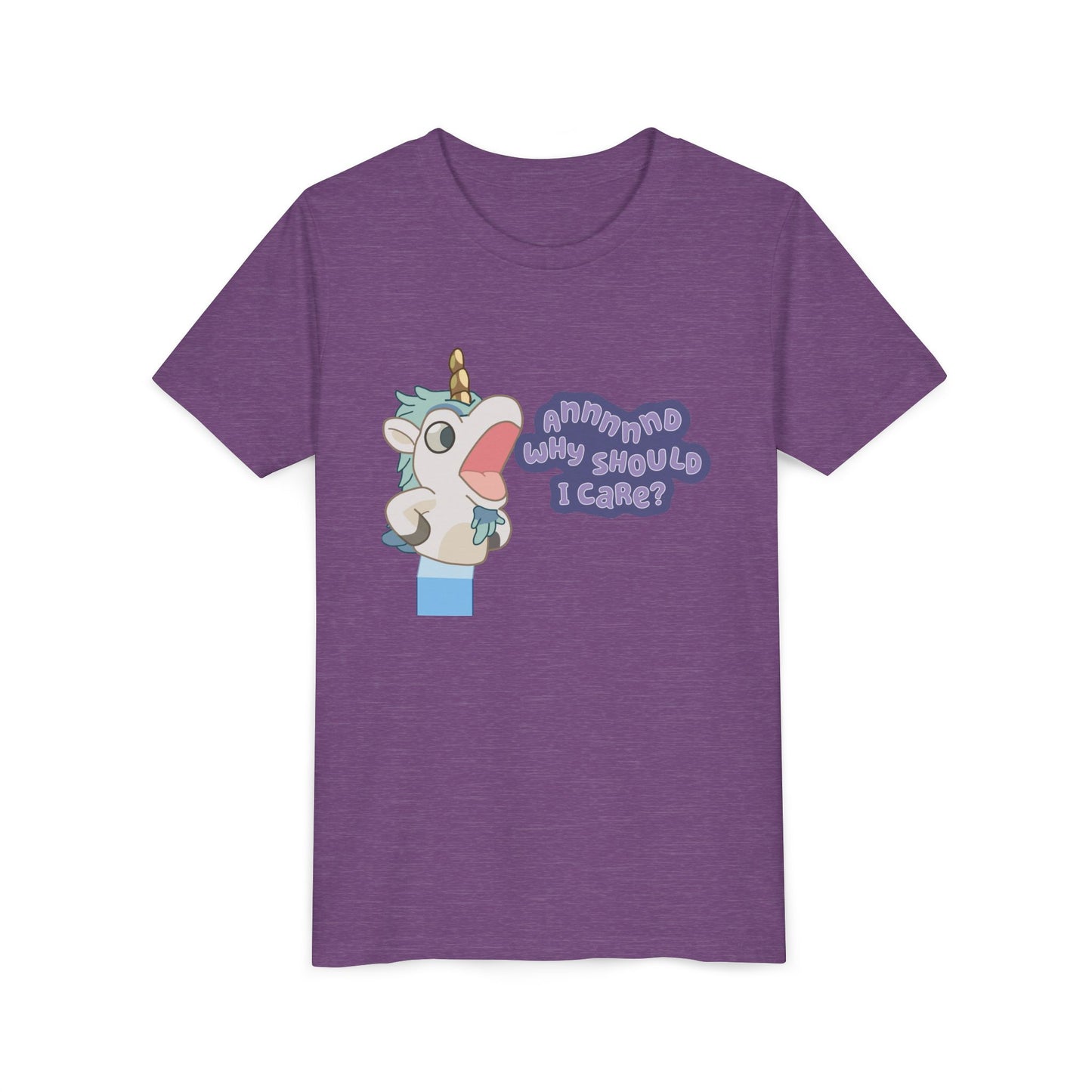 Bluey Unicorse Youth Tee – “Annnd Why Should I Care?” Funny Graphic