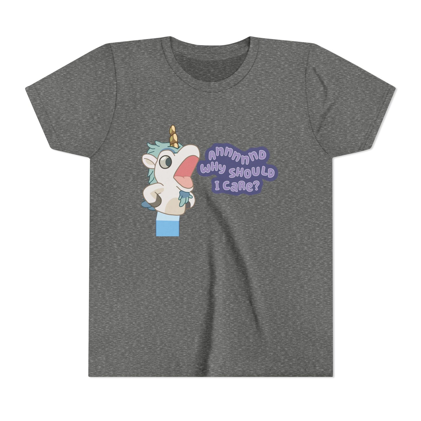 Bluey Unicorse Youth Tee – “Annnd Why Should I Care?” Funny Graphic