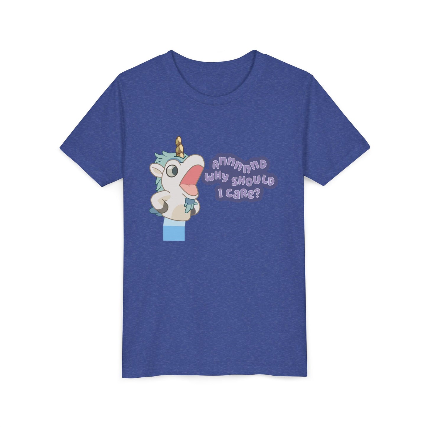 Bluey Unicorse Youth Tee – “Annnd Why Should I Care?” Funny Graphic