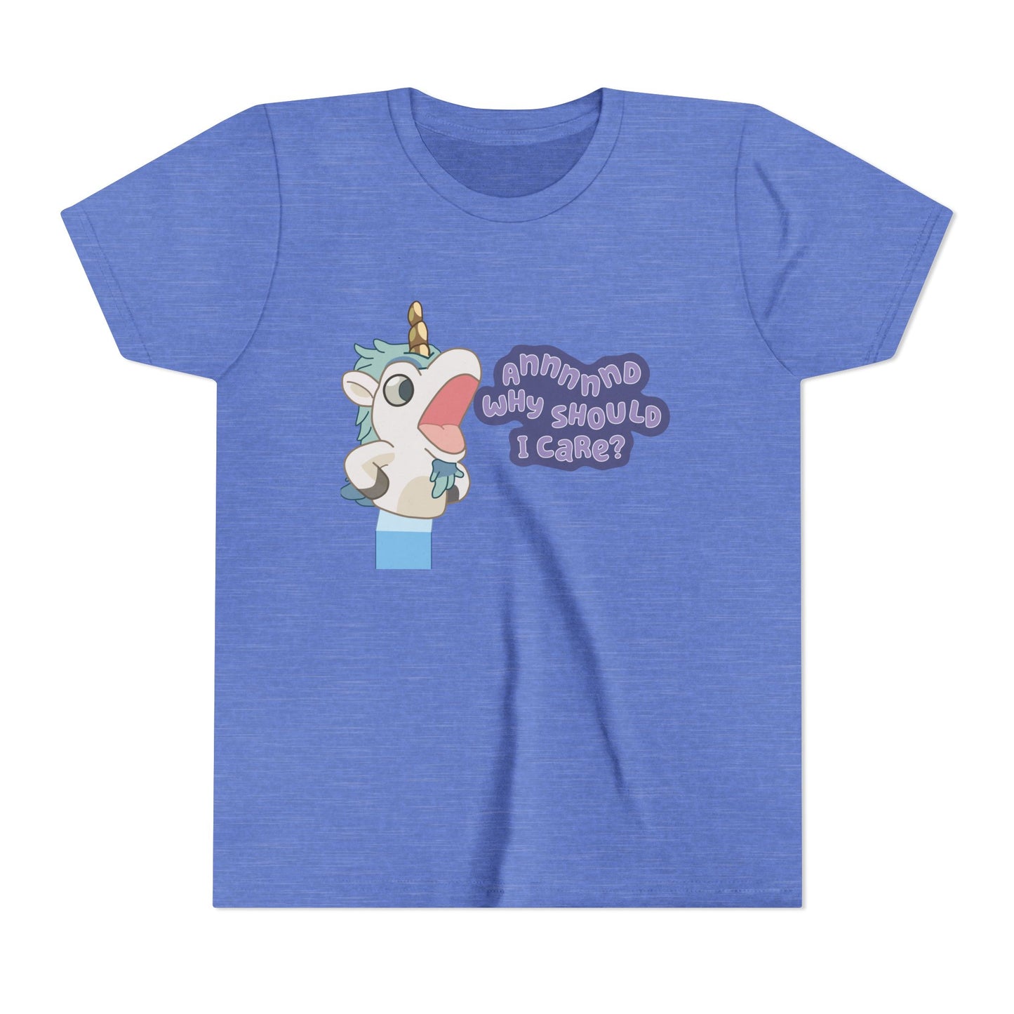 Bluey Unicorse Youth Tee – “Annnd Why Should I Care?” Funny Graphic