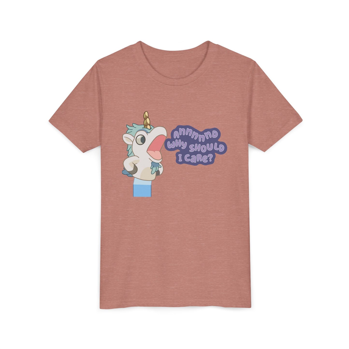 Bluey Unicorse Youth Tee – “Annnd Why Should I Care?” Funny Graphic