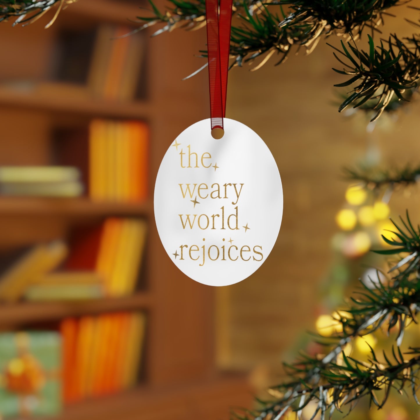 “The Weary World Rejoices” Metal Christmas Ornament – Religious Holiday Decor