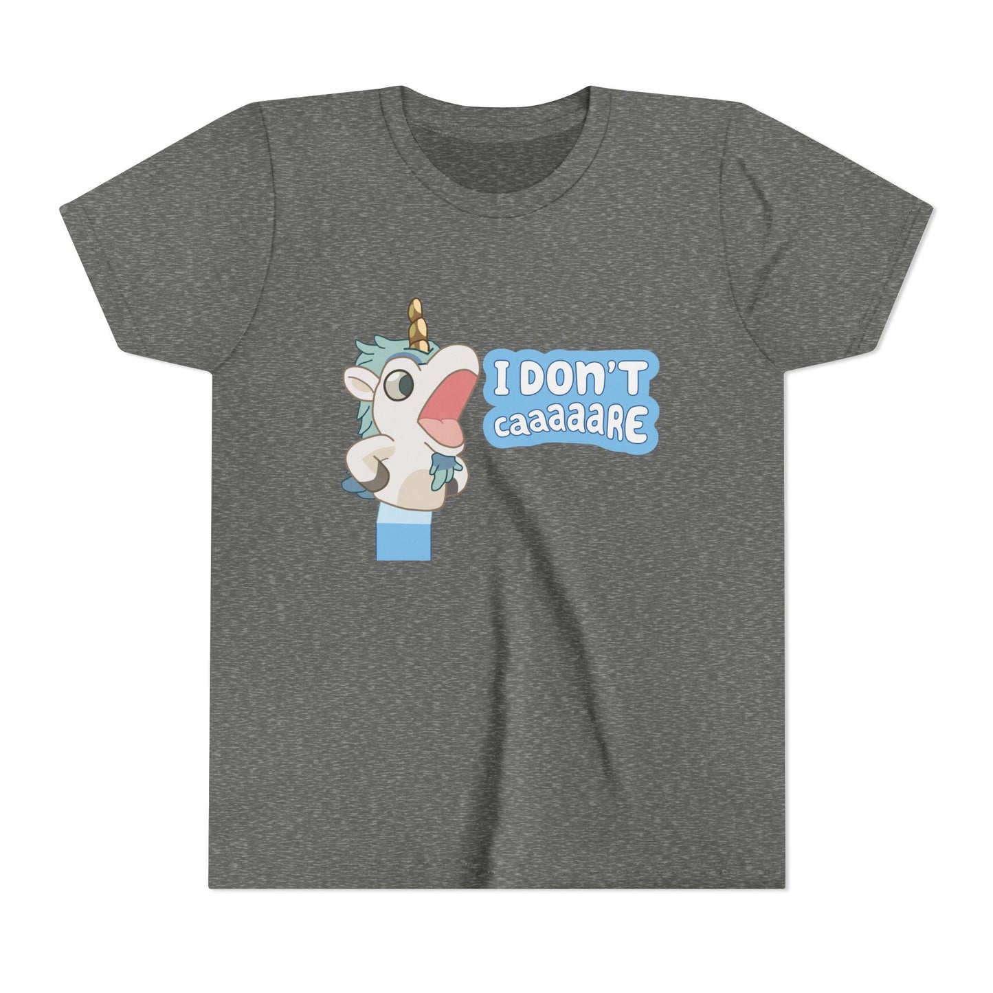 Bluey Unicorse Youth Tee – “I Don't Caaaare?” Funny Graphic