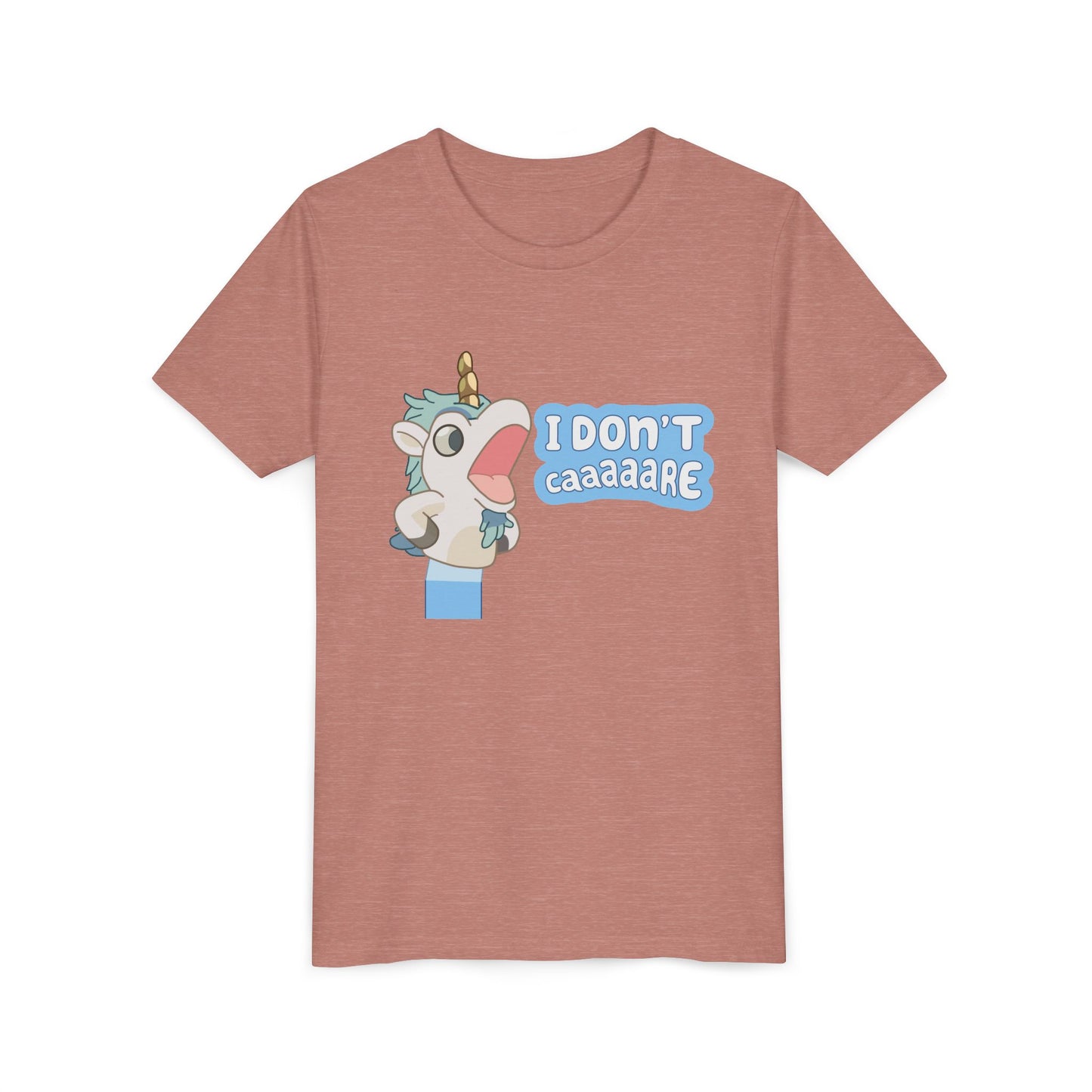 Bluey Unicorse Youth Tee – “I Don't Caaaare?” Funny Graphic