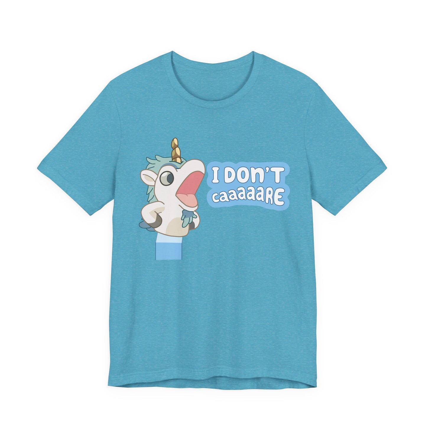 Bluey Unicorse Adult Tee – “I Don't Caaaare?” Funny Graphic