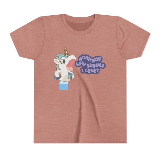 Bluey Unicorse Youth Tee – “Annnd Why Should I Care?” Funny Graphic