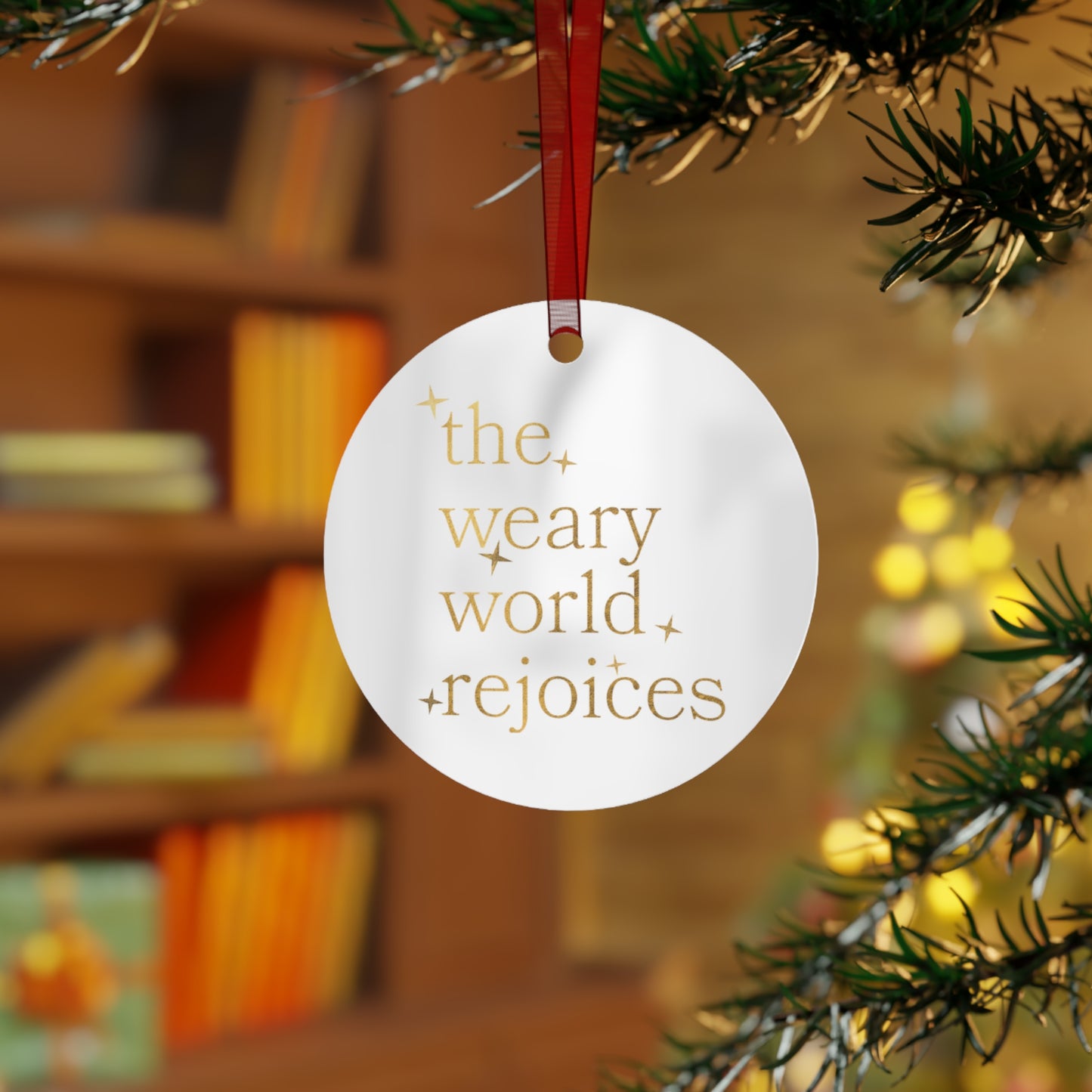 “The Weary World Rejoices” Metal Christmas Ornament – Religious Holiday Decor