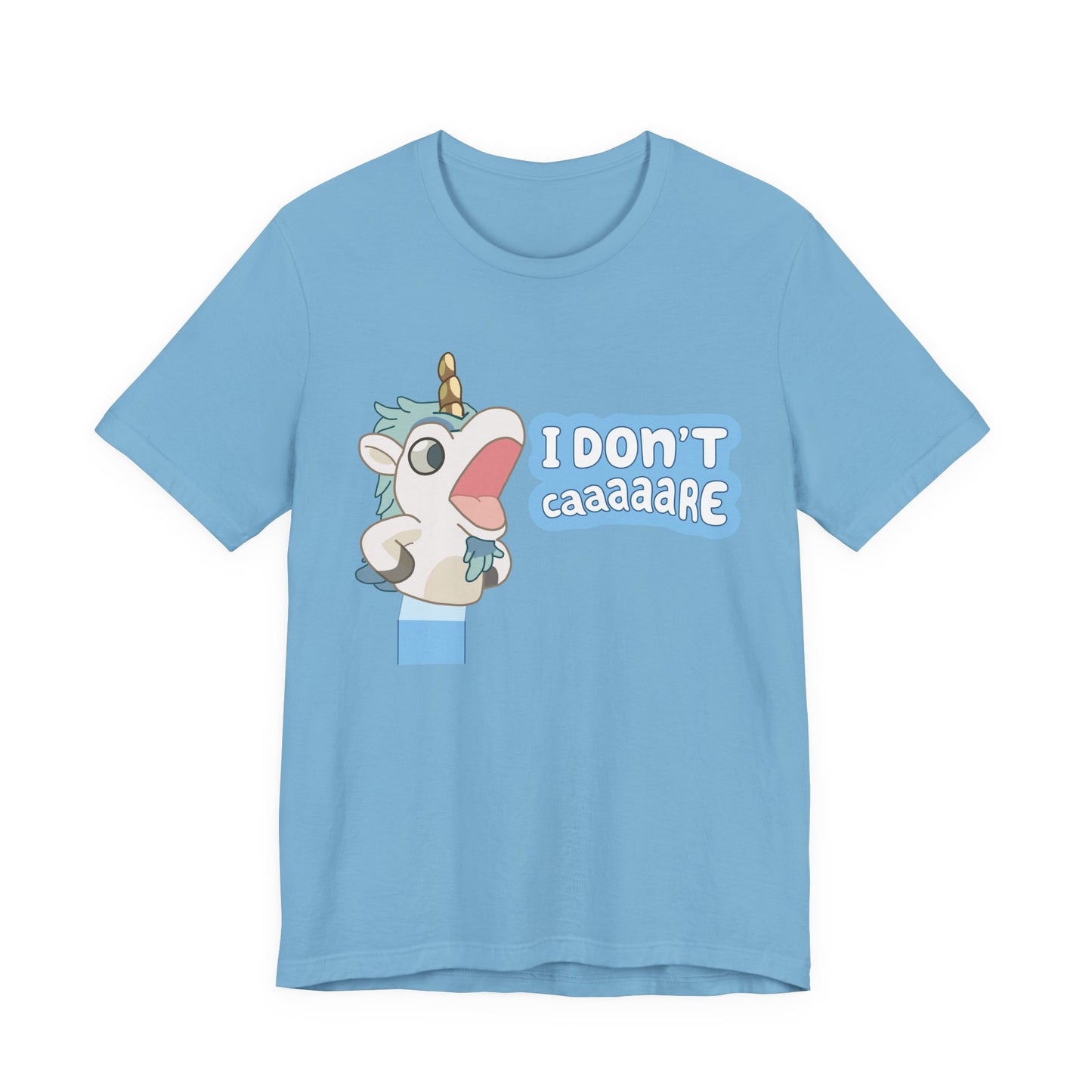 Bluey Unicorse Adult Tee – “I Don't Caaaare?” Funny Graphic